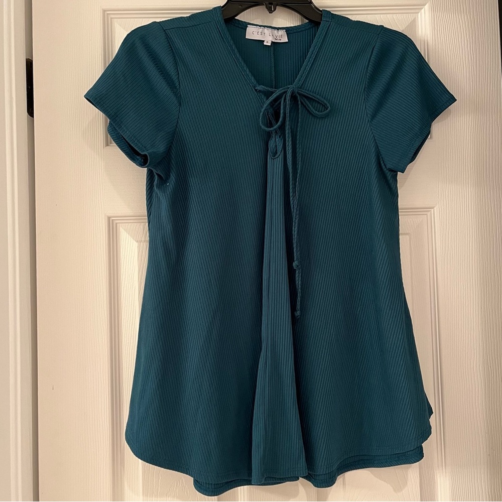 C'est La Vie Teal Ribbed Top Size Small